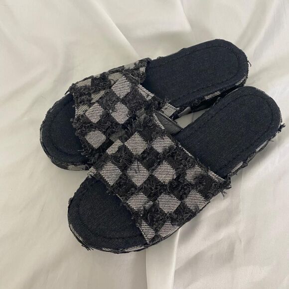 Distressed Dark Denim Checkered Platform Sandal Slides US 7 - Picture 2 of 5